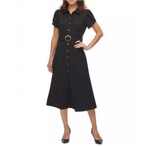 Calvin Klein Tulip Sleeve Button Front Belted A-Line Dress